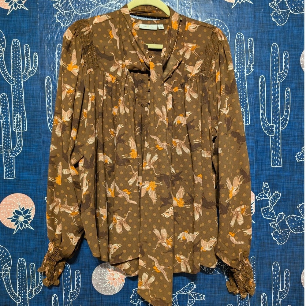Happy x Nature by Kate Hudson Bird Print Swing Victorian Blouse Brown Large - Picture 5 of 11